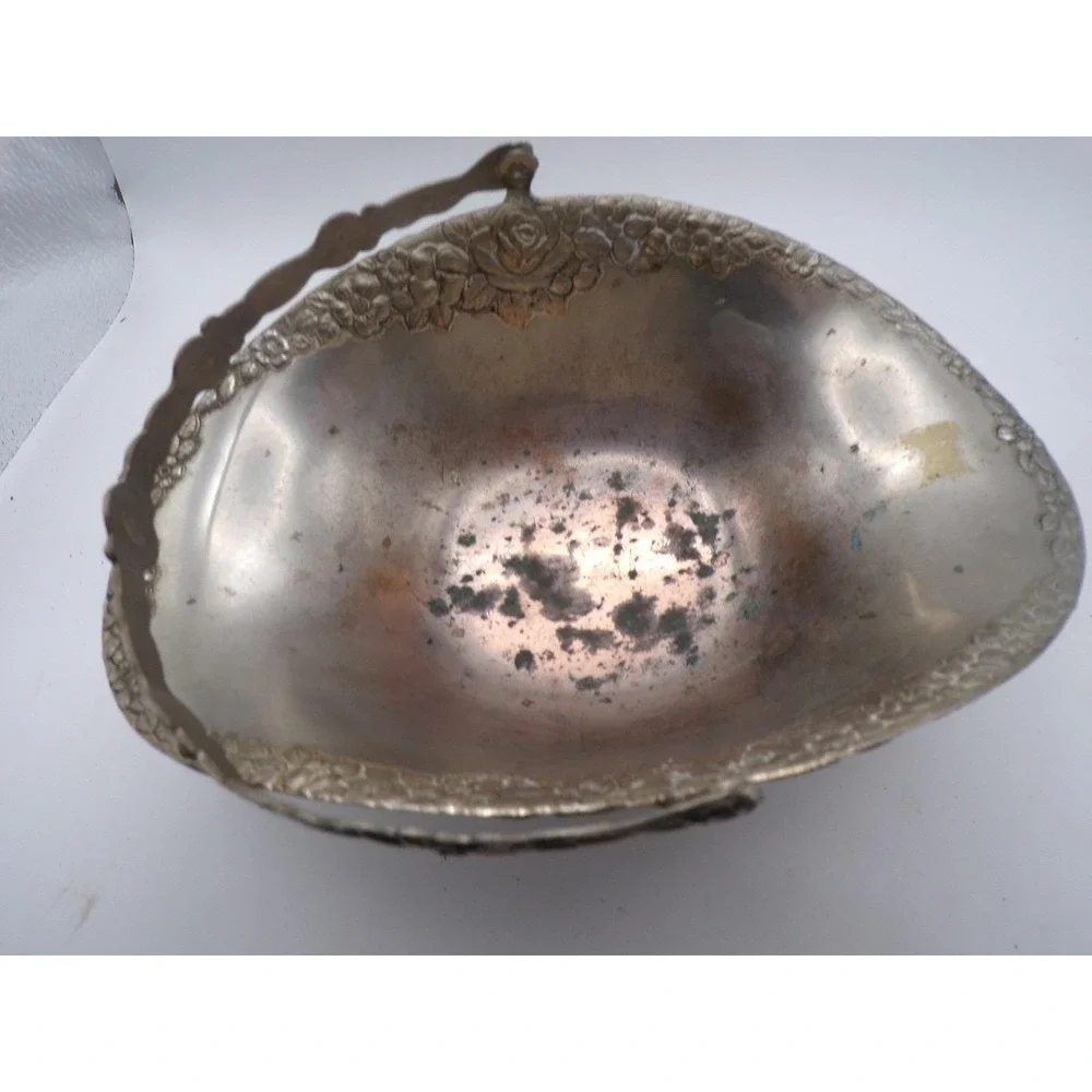 Vintage Ornate Silver‎ Plated Basket with Handle Floral Design Home Decor